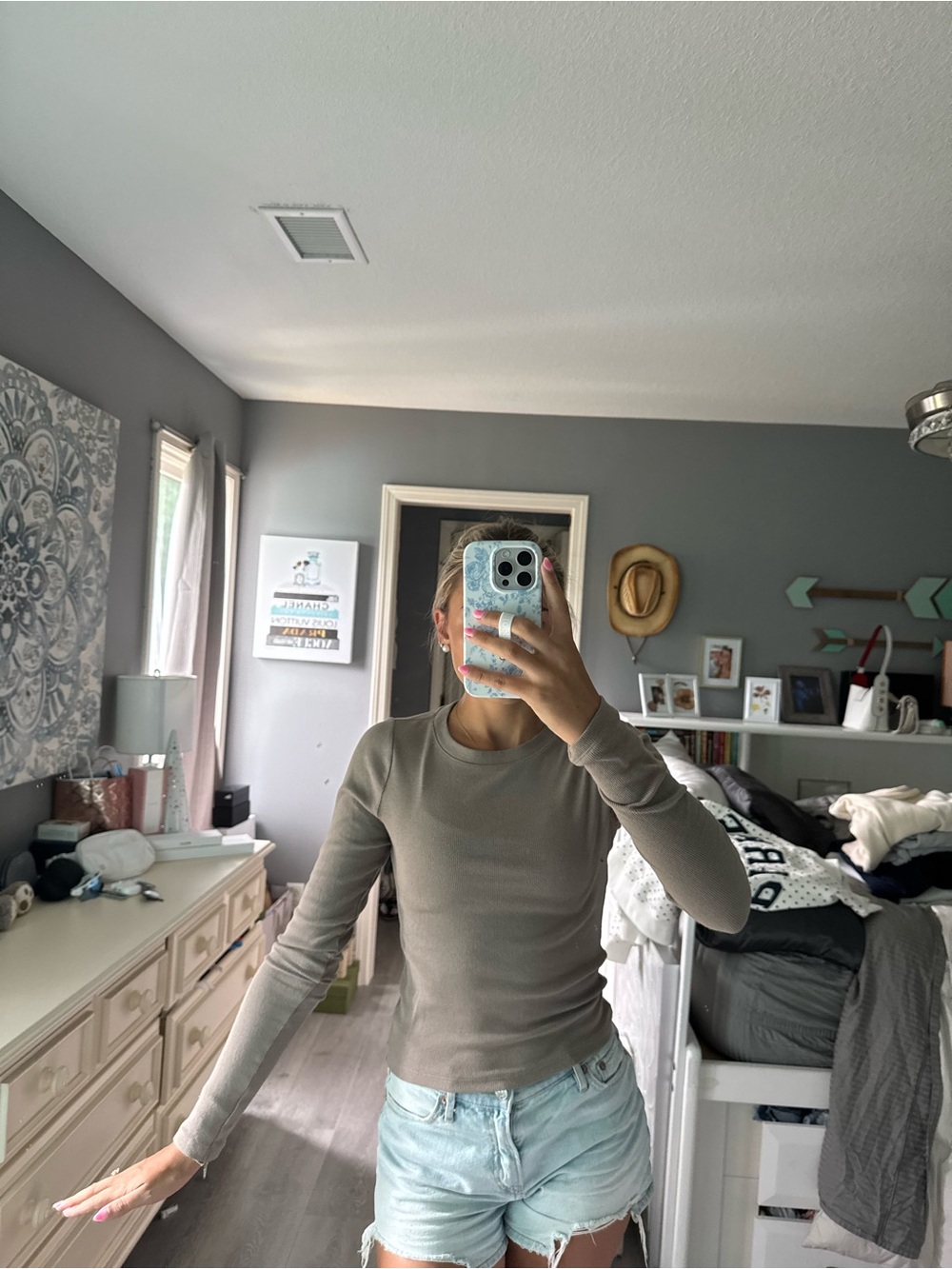 Hollister Long-Sleeve Crewneck Top in Taupe
